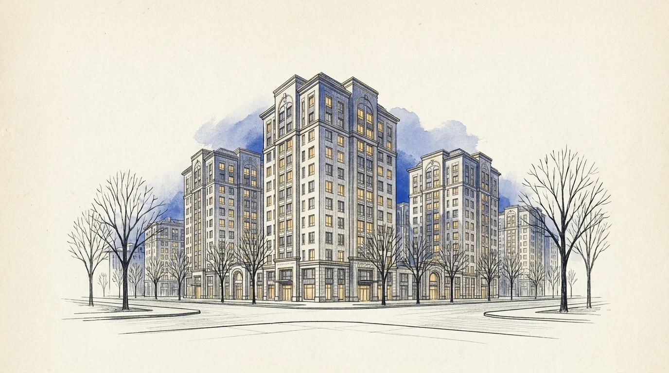 Illustrative evening view of a township boulevard — Gaur Yamuna City ambience, Ledger illustration plate