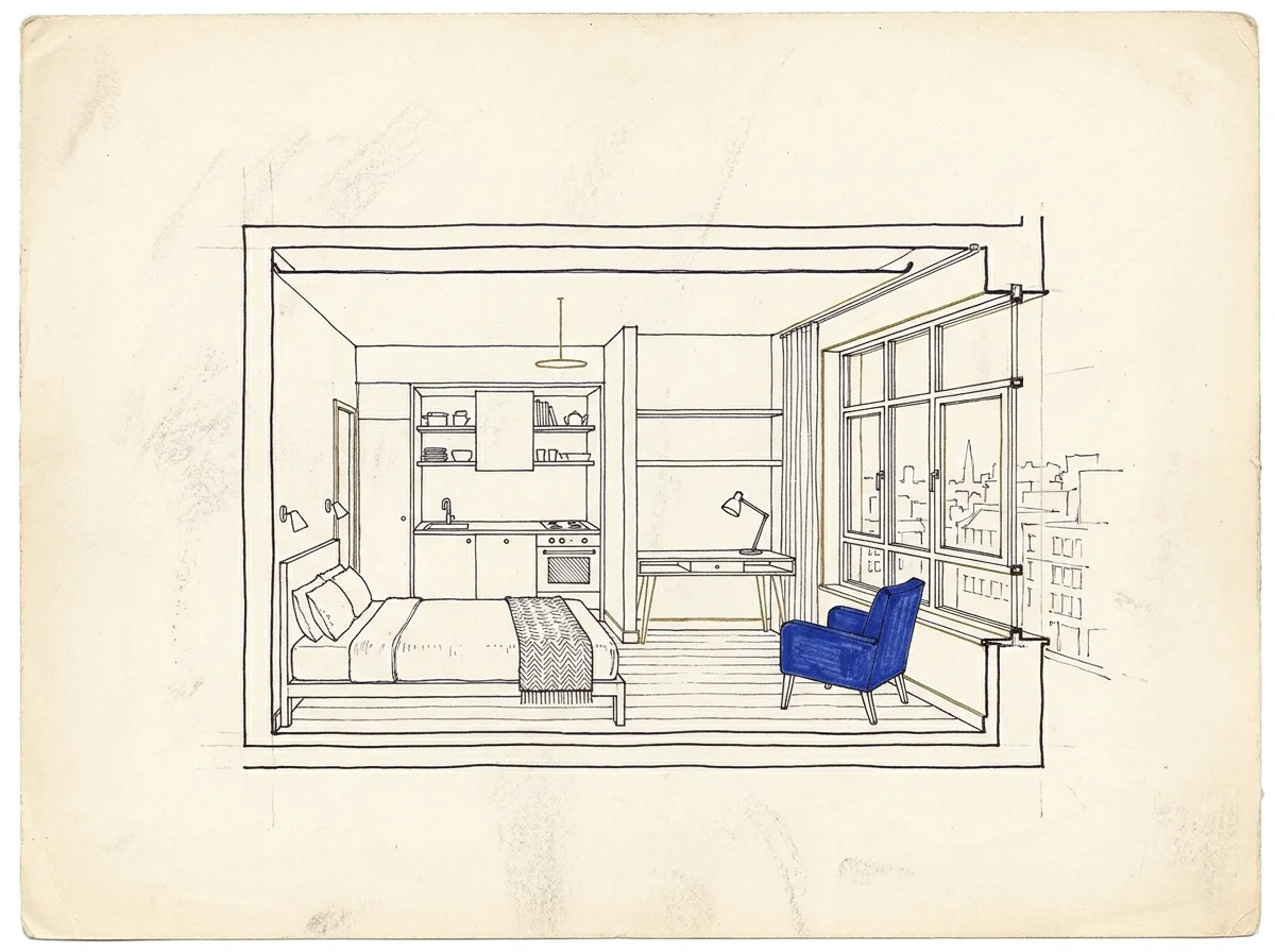 Illustrative furnished studio interior at Gaurs Studio Bento, warm evening light — concept plate