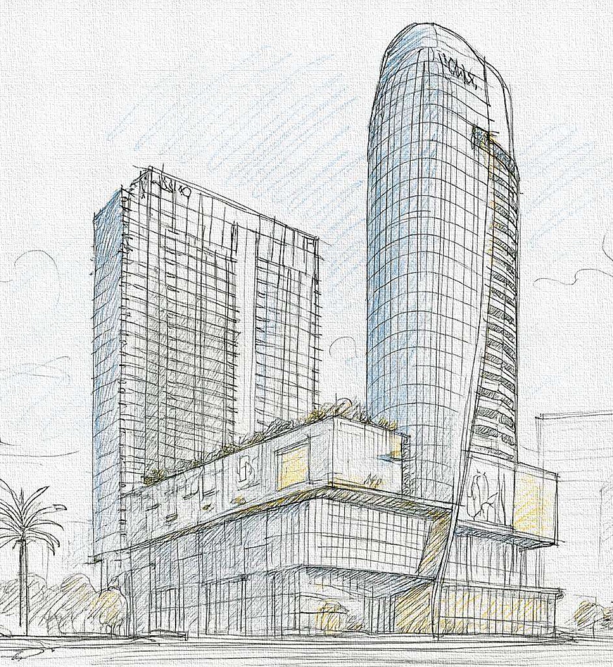 Hand-drawn artist's impression of the two Gaurs Studio Bento towers at Gaur Yamuna City, Sector 19, G+40 storeys, from the developer's broker kit, 2026